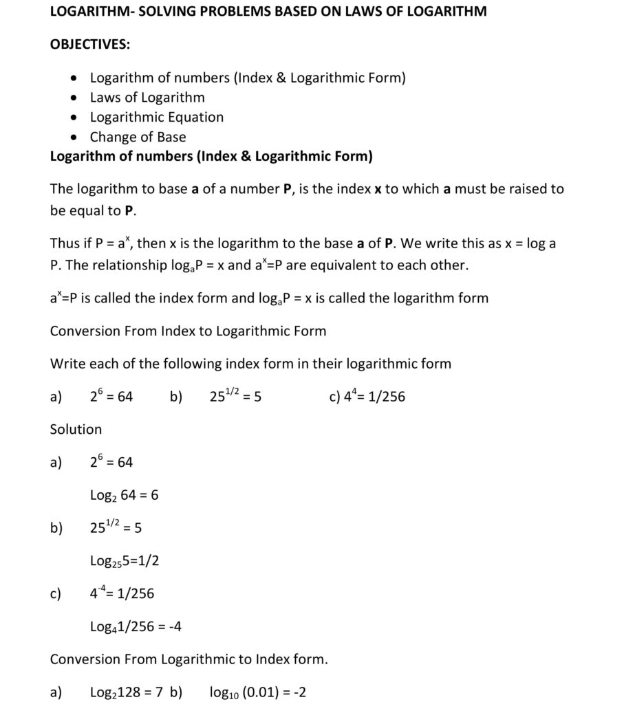 LOGARITHM SOLVING PROBLEMS BASED ON LAWS OF LOGARITHM 1
