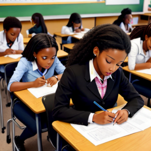 black student writing exam in a classroom 4002048141